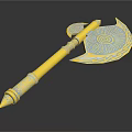 Ornate Golden Axe With Blue Decorations Spiral Pattern And Carved Handle