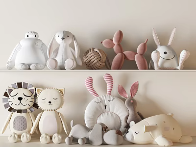 Cute Plush Toys Collection With Lion Cat Rabbit Balloon Dog And Yarn Ball On Shelf 3d model