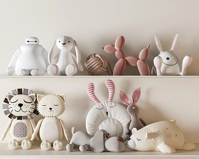 Cute Plush Toys Collection With Lion Cat Rabbit Balloon Dog And Yarn Ball On Shelf 3d model