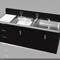 Dark Wooden Kitchen Sink Cabinet With Double Sink Silver Faucet Drawers And Countertop