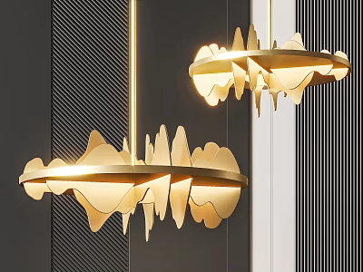 Modern Artistic Gold Metal Chandeliers With Layered Petal Warm Illuminated Against Dark Textured Wall 3d model