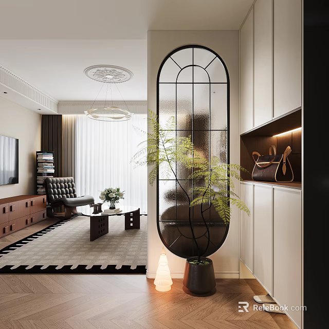 Modern Entryway Hallway With Black Arched Glass Partition White Storage Cabinets And Green Plants 3d model 
