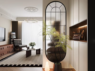 Modern Entryway Hallway With Black Arched Glass Partition White Storage Cabinets And Green Plants 3d model