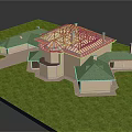 Cartoon Scene of House Model With Green Roof Wooden Frame and Grassy Area