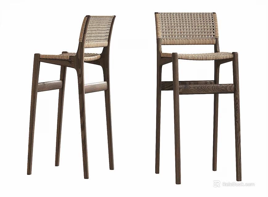Sturdy Wooden Frame Bar Stools with Natural Rattan Woven Seats and High Back Design 3d model 