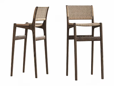 Sturdy Wooden Frame Bar Stools with Natural Rattan Woven Seats and High Back Design 3d model