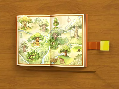 Open Illustrated Book With Forest Trees River Bridge On Wooden Tabletop And Yellow Bookmark 3d model