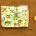Open Illustrated Book With Forest Trees River Bridge On Wooden Tabletop And Yellow Bookmark