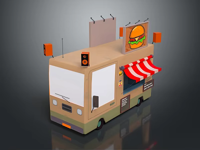 Mobile Burger Food Truck With Red White Striped Awning And Service Window 3d model
