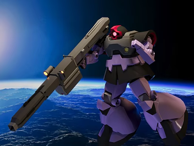 Giant Robot Wielding Large Gun Against Earth in Space Background 3d model