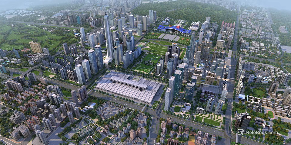 Aerial Planning of Urban Cityscape with High Rise Buildings Green Spaces and Road Layouts 3d model 