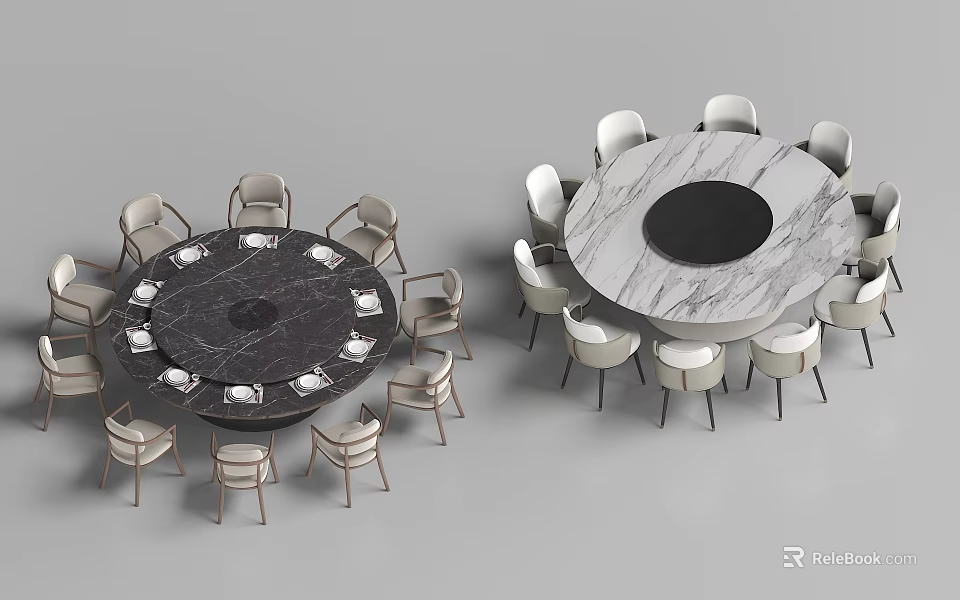 Modern Round Dining Table Set With Black And White Marble Top And Chairs 3d model