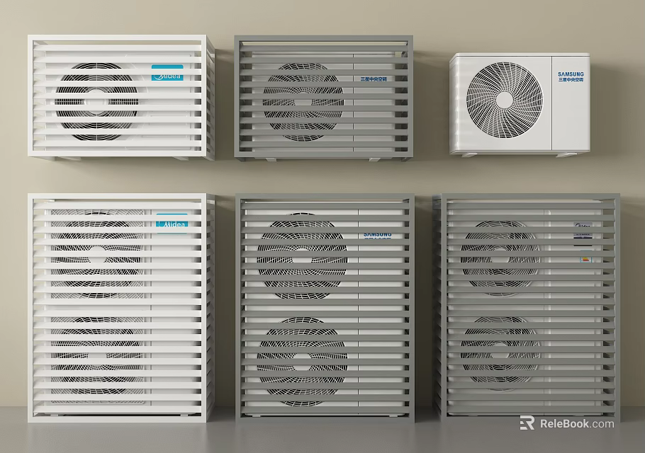 Various Styles Of Air Conditioner Fans With Grille Design In White And Gray Colors 3d model 