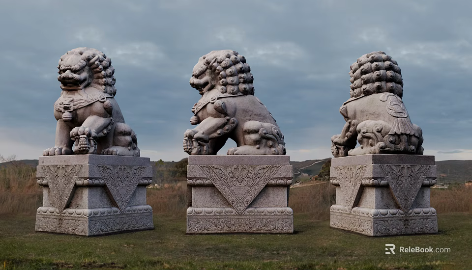 Traditional Stone Lion Sculptures Displaying Three Different Poses With Intricately Carved Bases In Outdoor Grass 3d model 