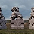 Traditional Stone Lion Sculptures Displaying Three Different Poses With Intricately Carved Bases In Outdoor Grass