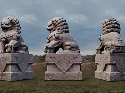 Traditional Stone Lion Sculptures Displaying Three Different Poses With Intricately Carved Bases In Outdoor Grass 3d model