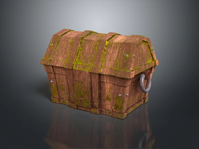 Vintage Wooden Chest With Moss Covered Surface And Metal Ring Handle 3d model