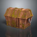 Vintage Wooden Chest With Moss Covered Surface And Metal Ring Handle