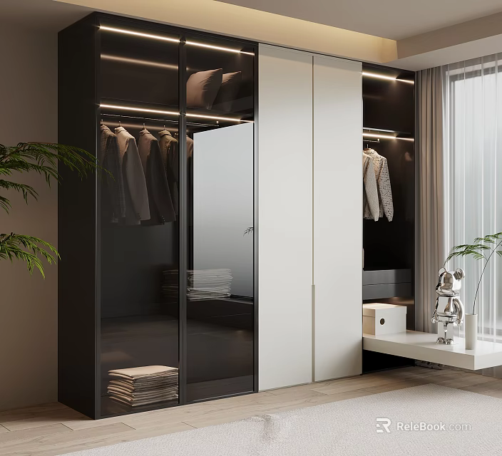 Modern Wardrobe Interior With Sliding Glass Doors And Hanging Folded Clothes 3d model 