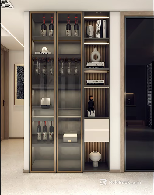 Modern Wine Cabinet With Glass Doors Wine Glasses Bottles And Decorative Items 3d model 