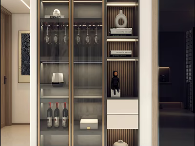 Modern Wine Cabinet With Glass Doors Wine Glasses Bottles And Decorative Items 3d model