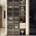 Modern Wine Cabinet With Glass Doors Wine Glasses Bottles And Decorative Items