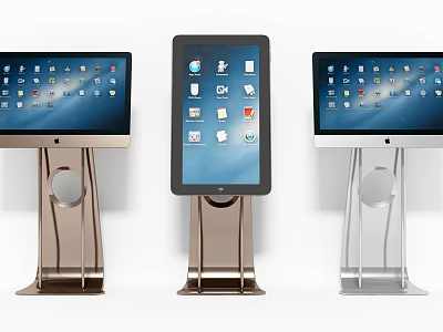 Public Facility Self Service Terminals with Digital Touchscreen Displays Metal Stands and Multiple Application Icons 3d model