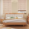 Wooden Double Bed with Upholstered Headboard Nightstand Bookshelf by Window with Blinds on Wooden Floor