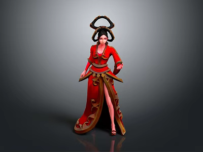 Woman In Red Ancient Style Costume With Gold Decorations Slit Skirt And Elaborate Headdress 3d model