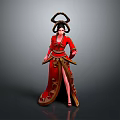 Woman In Red Ancient Style Costume With Gold Decorations Slit Skirt And Elaborate Headdress