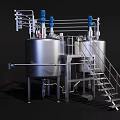 Industrial Equipment Featuring Stainless Steel Tanks With Blue Valves Pipes Metal Stairs And Platform