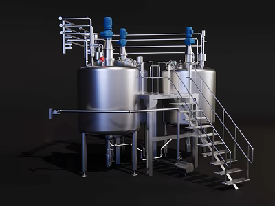 Industrial Equipment Featuring Stainless Steel Tanks With Blue Valves Pipes Metal Stairs And Platform 3d model