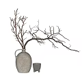 Gray Textured Vase Decorated With Brown Bare Branches And Small Gray Candle Holder