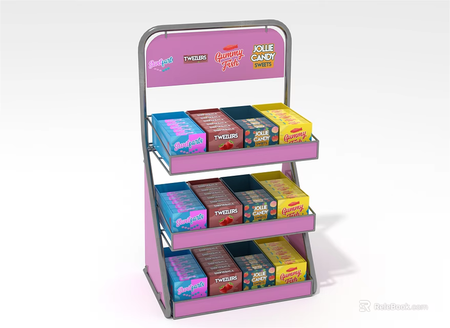 Pink Multi Tiered Retail Display Shelf with Colorful Healthy Snack Boxes and Top Signboard 3d model 