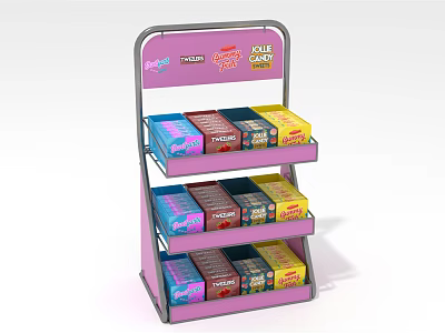Pink Multi Tiered Retail Display Shelf with Colorful Healthy Snack Boxes and Top Signboard 3d model