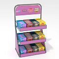 Pink Multi Tiered Retail Display Shelf with Colorful Healthy Snack Boxes and Top Signboard
