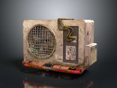 Rusty Air Conditioner Fan With Metal Grille Exposed Wires And Warning Labels On Base 3d model