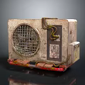 Rusty Air Conditioner Fan With Metal Grille Exposed Wires And Warning Labels On Base