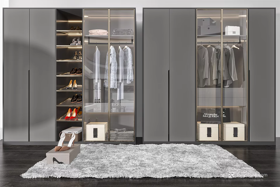 Modern Wardrobe Interior With Glass Doors Closed Cabinets Hanging Clothes Shoe Storage And Storage Boxes 3d model 