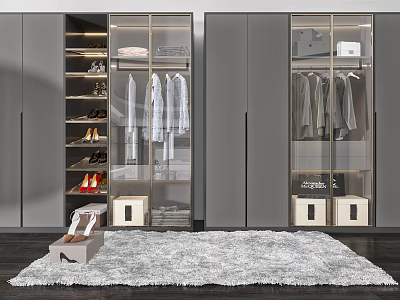 Modern Wardrobe Interior With Glass Doors Closed Cabinets Hanging Clothes Shoe Storage And Storage Boxes 3d model