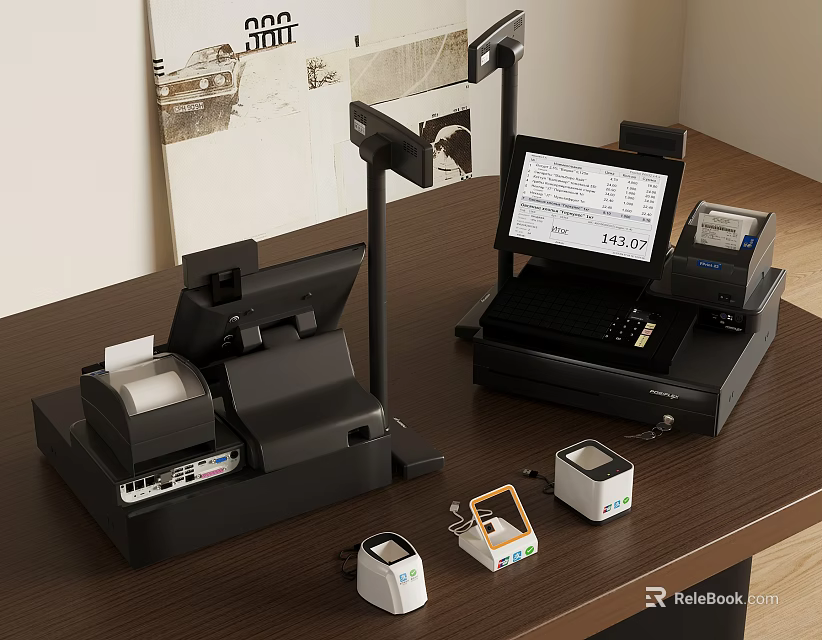 Modern Commercial Cash Register Systems With Receipt Printers And Payment Terminals 3d model 