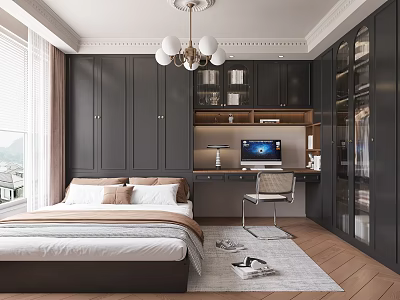 Tatami Bedroom Interior Design With Dark Wardrobes Desk Chandelier And Wooden Floor 3d model