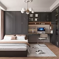 Tatami Bedroom Interior Design With Dark Wardrobes Desk Chandelier And Wooden Floor