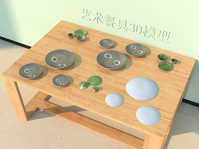 Artistic Tableware Set 3D Model Display on Wooden Table with Green and White Pieces 3d model