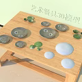 Artistic Tableware Set 3D Model Display on Wooden Table with Green and White Pieces