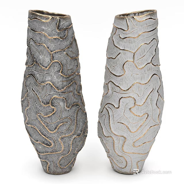 Gray Ceramic Vessels With Intricate Textured Patterns And Golden Accent Lines 3d model 