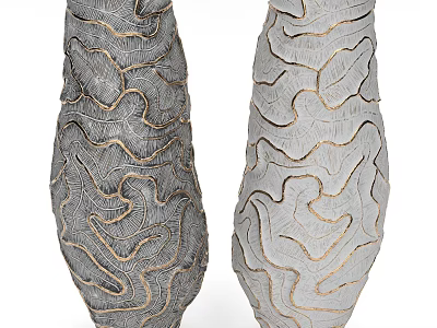 Gray Ceramic Vessels With Intricate Textured Patterns And Golden Accent Lines 3d model