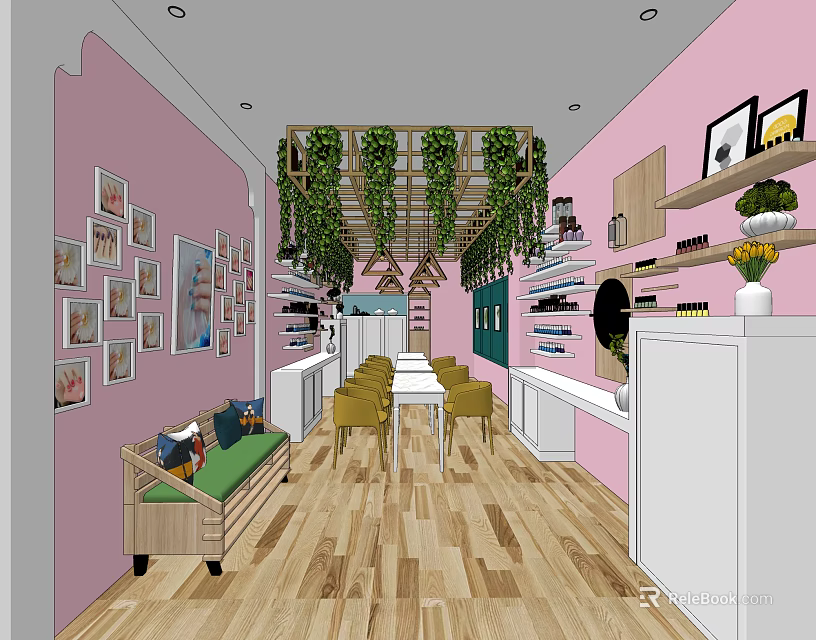Beauty Hair Salon Interior With Pink Walls Wooden Floors Framed Photos And Hanging Green Plants 3d model 