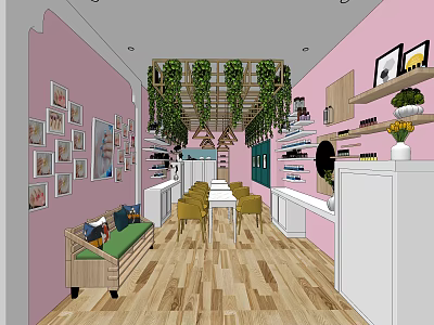 Beauty Hair Salon Interior With Pink Walls Wooden Floors Framed Photos And Hanging Green Plants 3d model