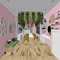 Beauty Hair Salon Interior With Pink Walls Wooden Floors Framed Photos And Hanging Green Plants